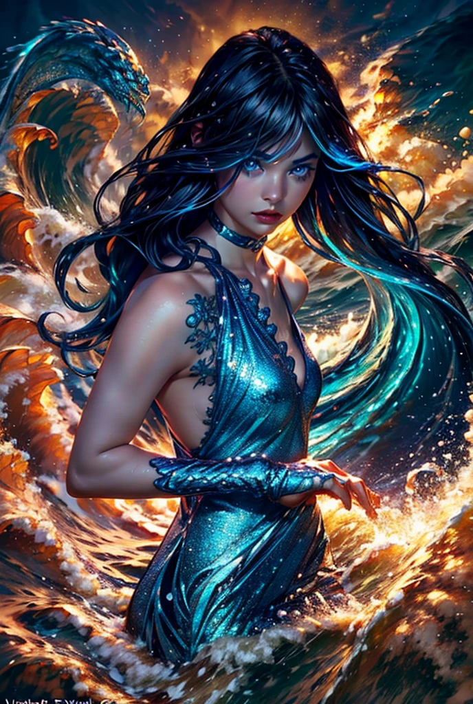 intricate blue dragon, underwater, girl standing on shore looking down at water, night, (best quality,4k,8k,highres,masterpiece:1.2),ultra-detailed,(realistic,photorealistic,photo-realistic:1.37),fantasy,cinematic lighting,dramatic lighting,vibrant colors,detailed waves,shimmering water,detailed dress,long flowing hair,beautiful detailed eyes,beautiful detailed lips,extremely detailed eyes and face,longeyelashes
