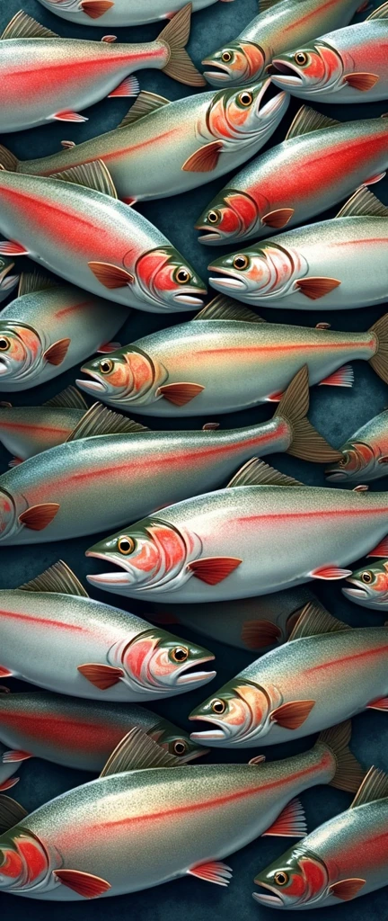 one hundred any freshwater fish trout, in one big picture means completeness, endless pattern, arranged in a chaotic manner, illustration for a postcard, vector