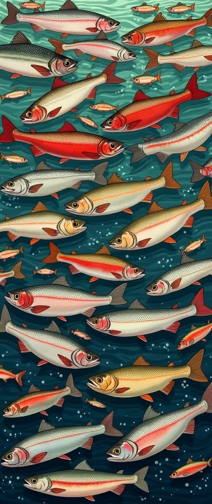 one hundred any freshwater fish trout, in one big picture means completeness, endless pattern, arranged in a chaotic manner, illustration for a postcard, vector