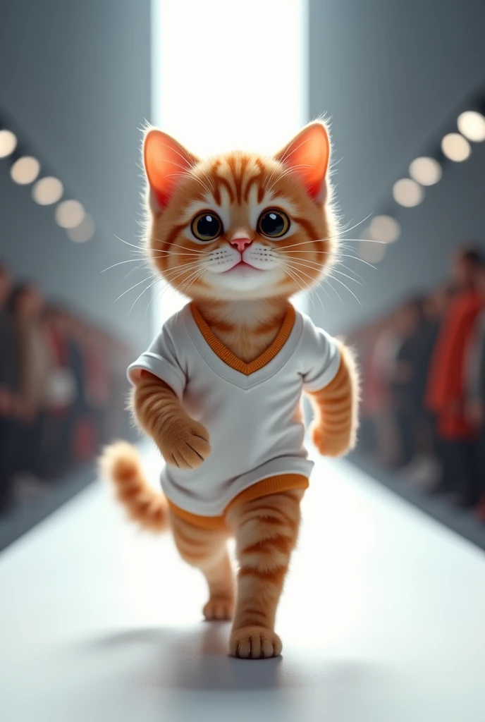(photorealism:1.2), cute cat wearing v neck tee shirts walking on the runway