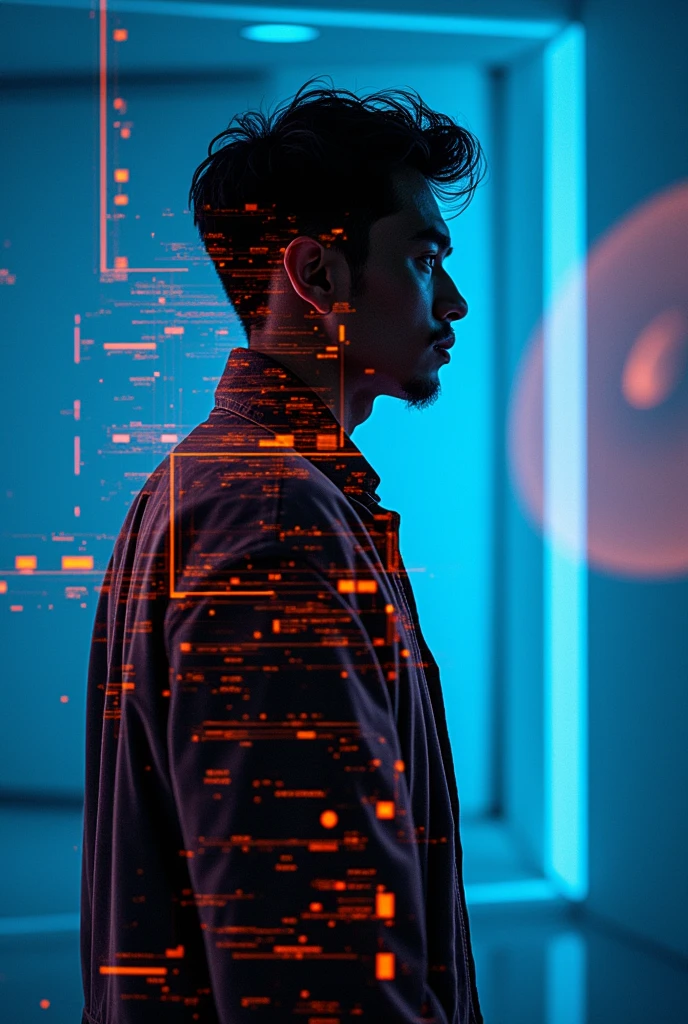 ashion editorial photography, medium shot of a japanese man,Blue background,Orange contrast,Tech patterns, Dynamic silhouette, Virtual devices, Light effects and particles, Futuristic typography, Dynamic movement,Abstract geometry