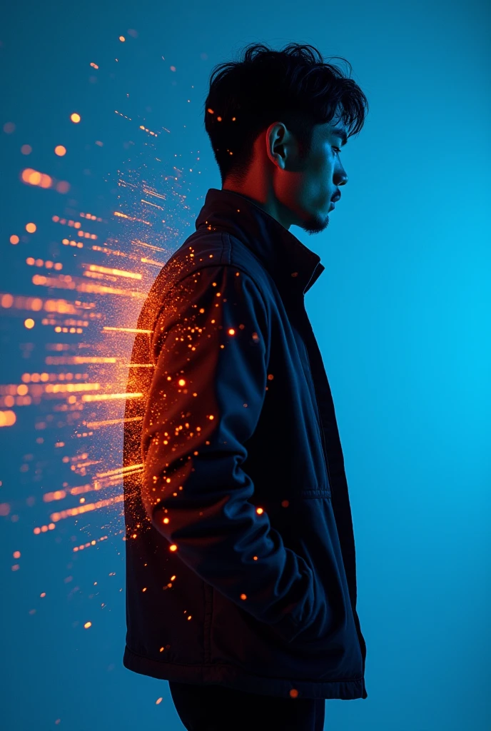 ashion editorial photography, medium shot of a japanese man,Blue background,Orange contrast,Tech patterns, Dynamic silhouette, Virtual devices, Light effects and particles, Futuristic typography, Dynamic movement,Abstract geometry