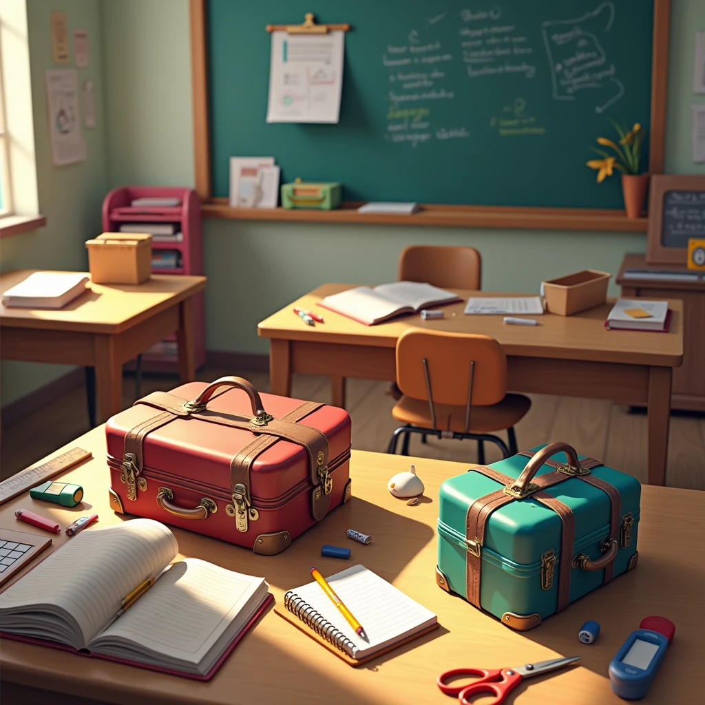 A classroom with school supplies such as ( 2 suitcase, book , pencil, blotter , Ruler, highlighter and scissors ) . And this is found in classroom 1.- The pencil is under the table.
2.- El book está en la silla.
3.- The scissors are in the magic box.
4.- La Ruler está en la mesa del profesor.
5.- The highlighter is under the chair.