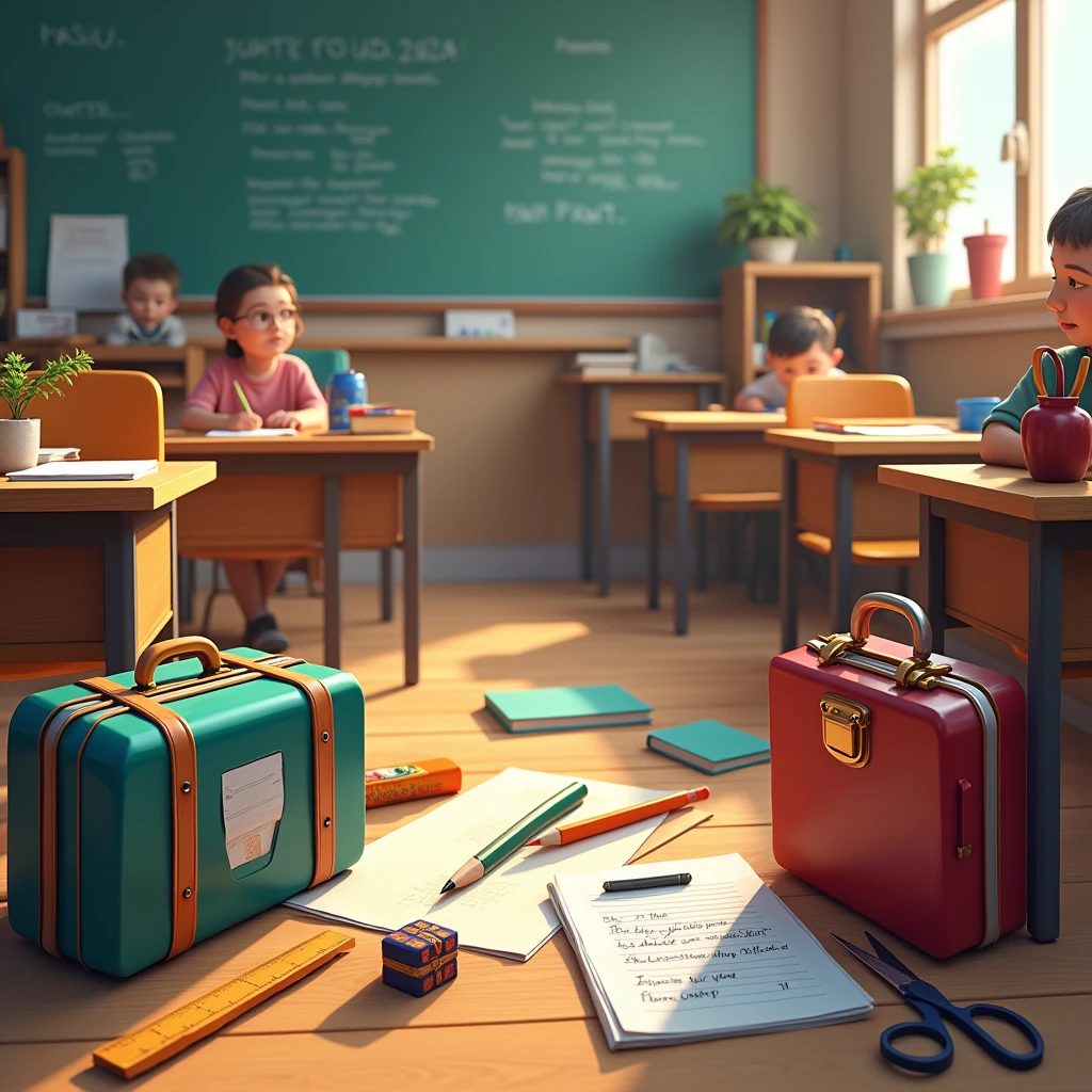 A classroom with school supplies such as ( 2 suitcase, book , pencil, blotter , Ruler, highlighter and scissors ) . And this is found in classroom 1.- The pencil is under the table.
2.- El book está en la silla.
3.- The scissors are in the magic box.
4.- La Ruler está en la mesa del profesor.
5.- The highlighter is under the chair.