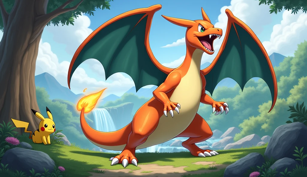 pokemon (creature), tree, outdoors, no humans, day, pikachu, water, cloud, sky, claws, nature, grass, open mouth, sharp teeth, teeth, standing, forest, rock, glowing, wings, waterfall, charizard, signature, yellow eyes, flame-tipped tail, fangs, tail, bush, flower