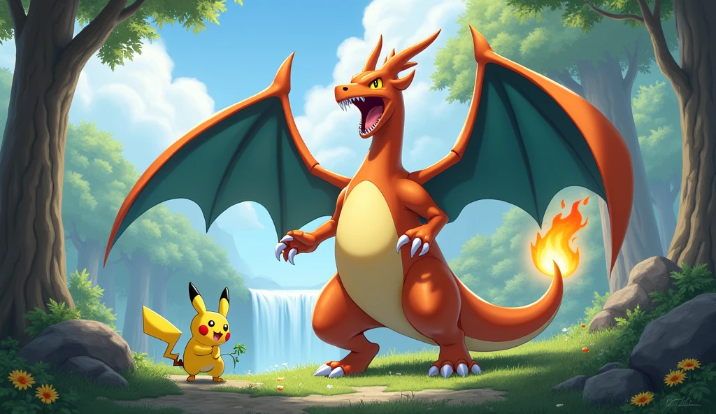 pokemon (creature), tree, outdoors, no humans, day, pikachu, water, cloud, sky, claws, nature, grass, open mouth, sharp teeth, teeth, standing, forest, rock, glowing, wings, waterfall, charizard, signature, yellow eyes, flame-tipped tail, fangs, tail, bush, flower