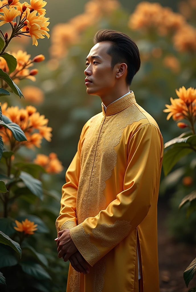 " A Thai man wearing a golden Thai costume, handsome like an old man, fair skin, standing and admiring the Rampuey flowers, thinking of his beloved, thinking of his beloved. The background is an evening atmosphere, thinking of him. Surrounding the young man is a flower garden. "