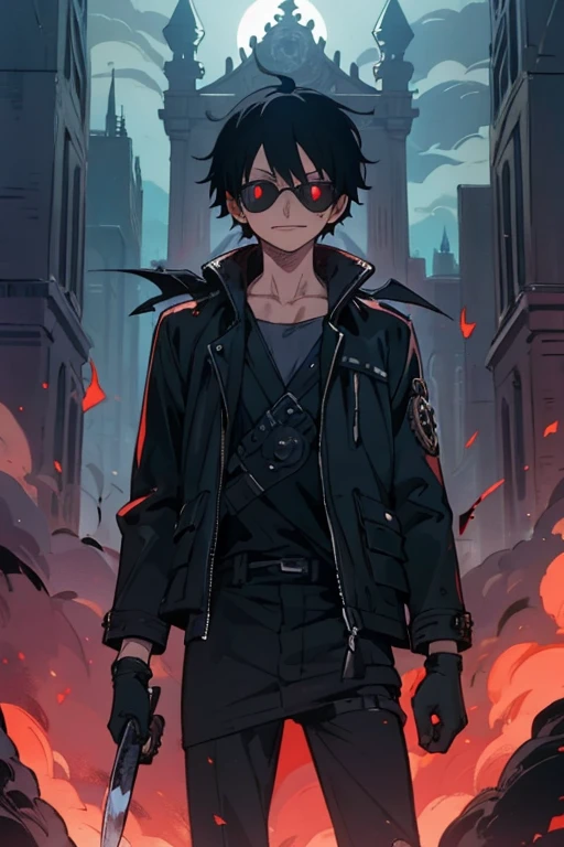 ((illustration)), (best quality)), ((masterpiece)), (detailed), teenager, 1male, black hair, jacket, black gloves, coat, sunglasses, leather, solo, anime: 2, city, night, flat color, demons, monsters, throne, holding knife, glowing eyes, smoke, bloody, blood on clothes, blood on face, crazy smile, war, chaos, cinematic, epic, anime, fire, explosion, kingdom background, dark crown, One piece style,