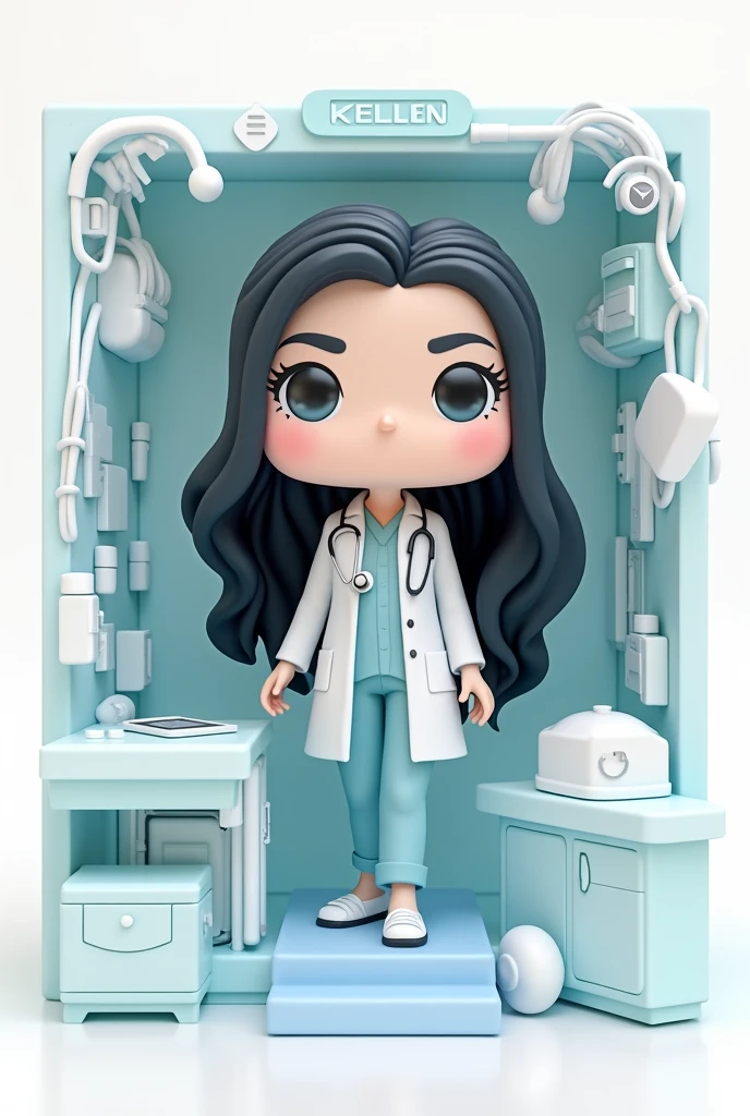 Create a Funko Pop box of a girl named Kellen, De pele clara, long black hair. Funko must be wearing doctor's clothes and medical equipment, in a hospital environment, Typography, the rendering must be in 3D with a white background.