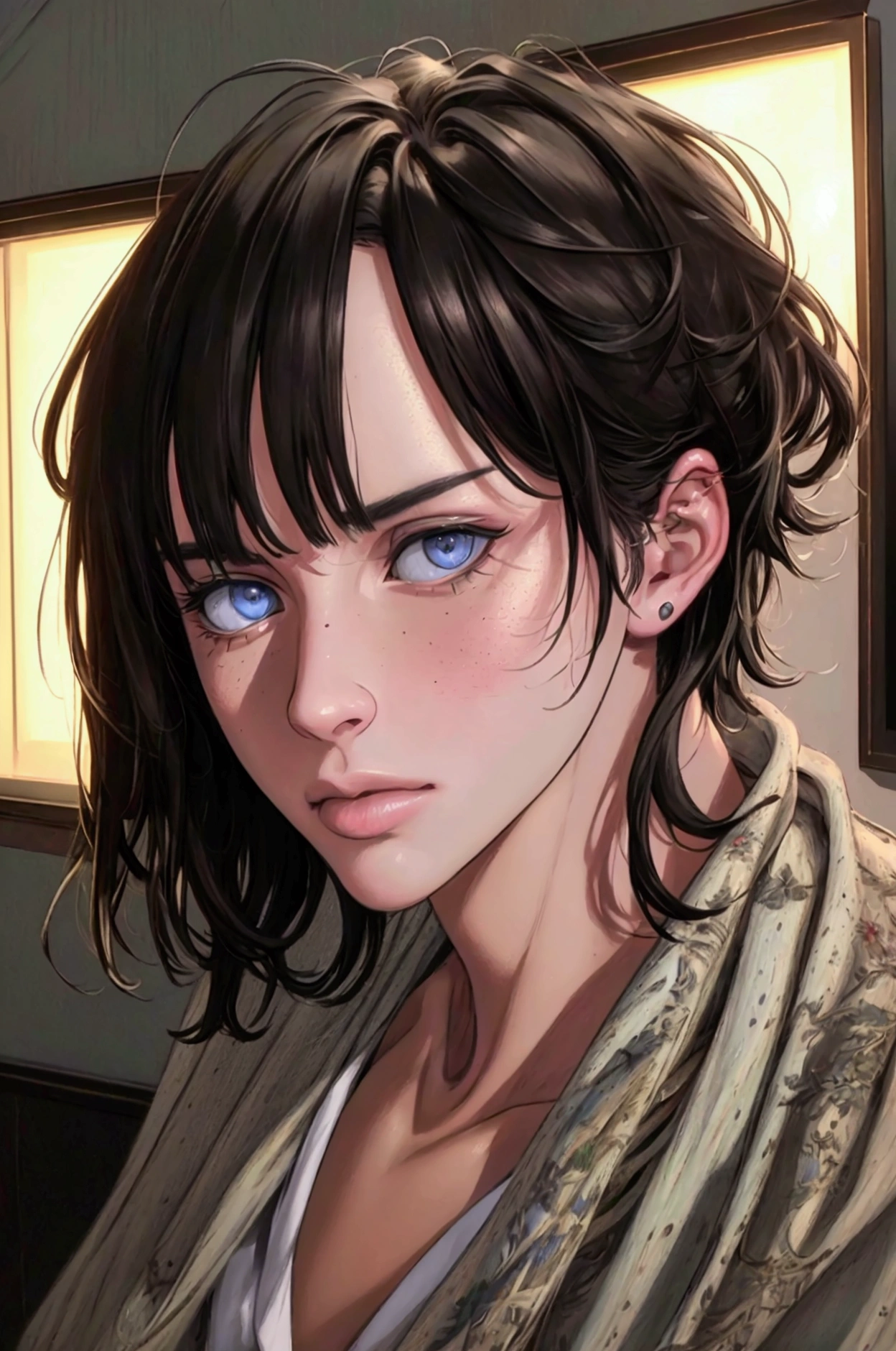 (of the highest quality,4k,8k,High resolution,masterpiece:1.2),Super detailed, colorful, (realist,photorealist,photo-realist:1.37),1 person,beautiful skin,White race, White skin, very handsome,short black hair,grey eyes, attractive, square jaw,sharp eyes,A perfect face without a doubt, no expression marks, half body, SERIOUS LOOK, no wrinkles, young adult, man, garden fund mental asylum,cinema lighting,imagen hdr,Atar、