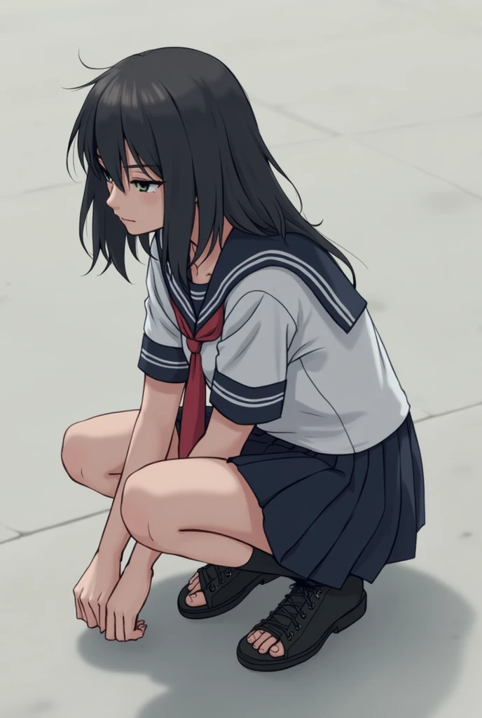 Wearing a Japanese school uniform and squatting