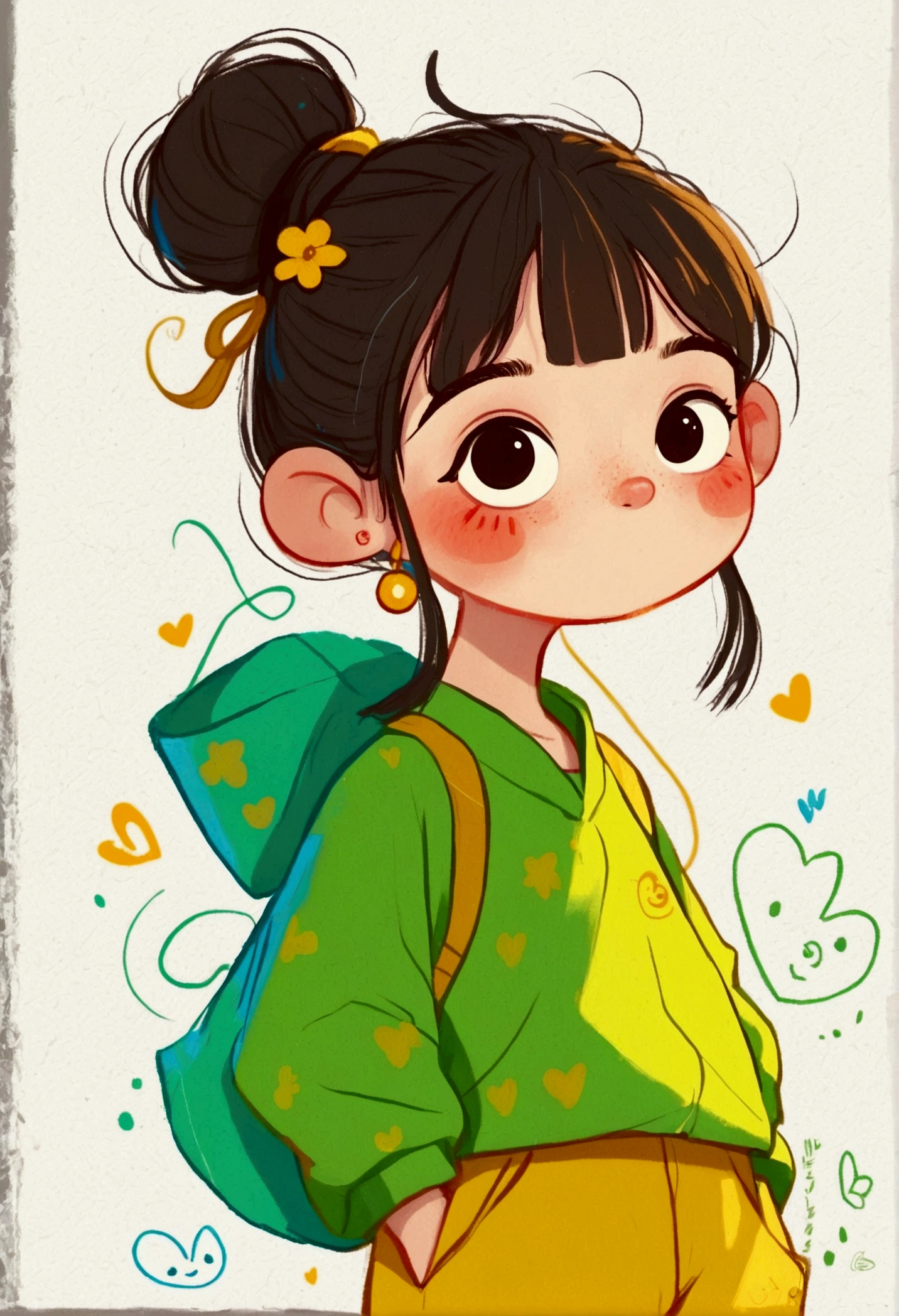 flat wind，vector，Childish art cartoon，Oil pastel graffiti，A cute Chinese chibi girl in green with yellow pants, in the style of cartoon, white background,cute and dreamy, Kawaii illustration, in the style of Korean hairstyle with a hair bun on her head, happy expression, standing pose, smiling while making the peace sign with her right hand,full body portrait,simple lines, colorful animation stills, romantic charm