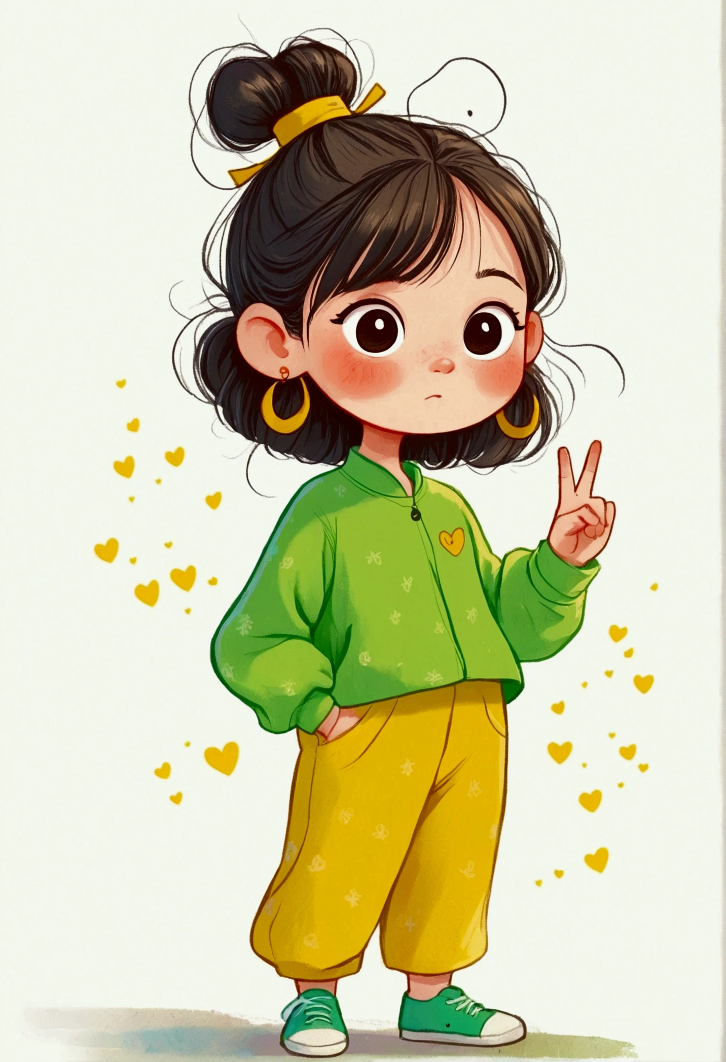 flat wind，vector，Childish art cartoon，Oil pastel graffiti，A cute Chinese chibi girl in green with yellow pants, in the style of cartoon, white background,cute and dreamy, Kawaii illustration, in the style of Korean hairstyle with a hair bun on her head, happy expression, standing pose, smiling while making the peace sign with her right hand,full body portrait,simple lines, colorful animation stills, romantic charm