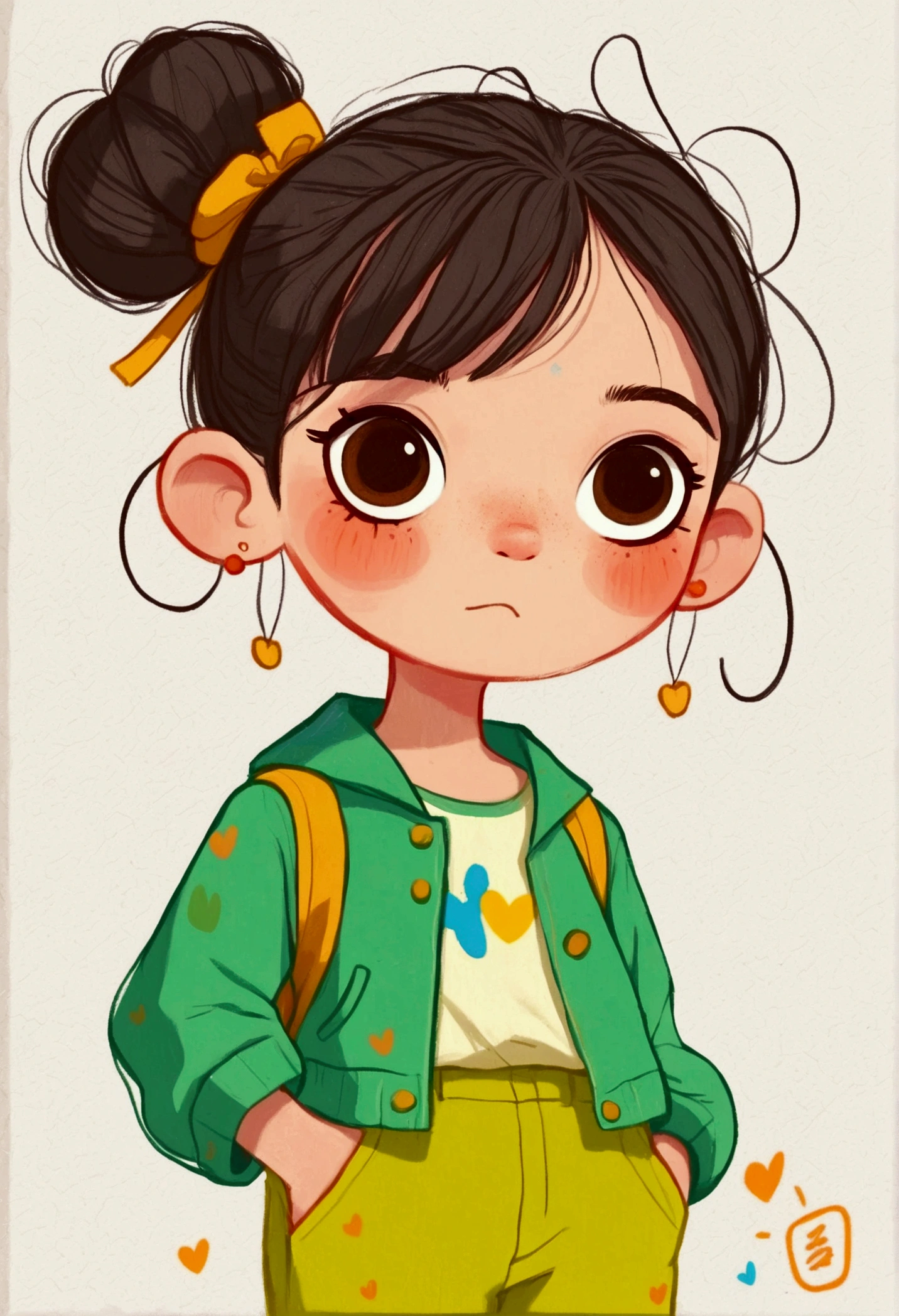 flat wind，vector，Childish art cartoon，Oil pastel graffiti，A cute Chinese chibi girl in green with yellow pants, in the style of cartoon, white background,cute and dreamy, Kawaii illustration, in the style of Korean hairstyle with a hair bun on her head, happy expression, standing pose, smiling while making the peace sign with her right hand,full body portrait,simple lines, colorful animation stills, romantic charm