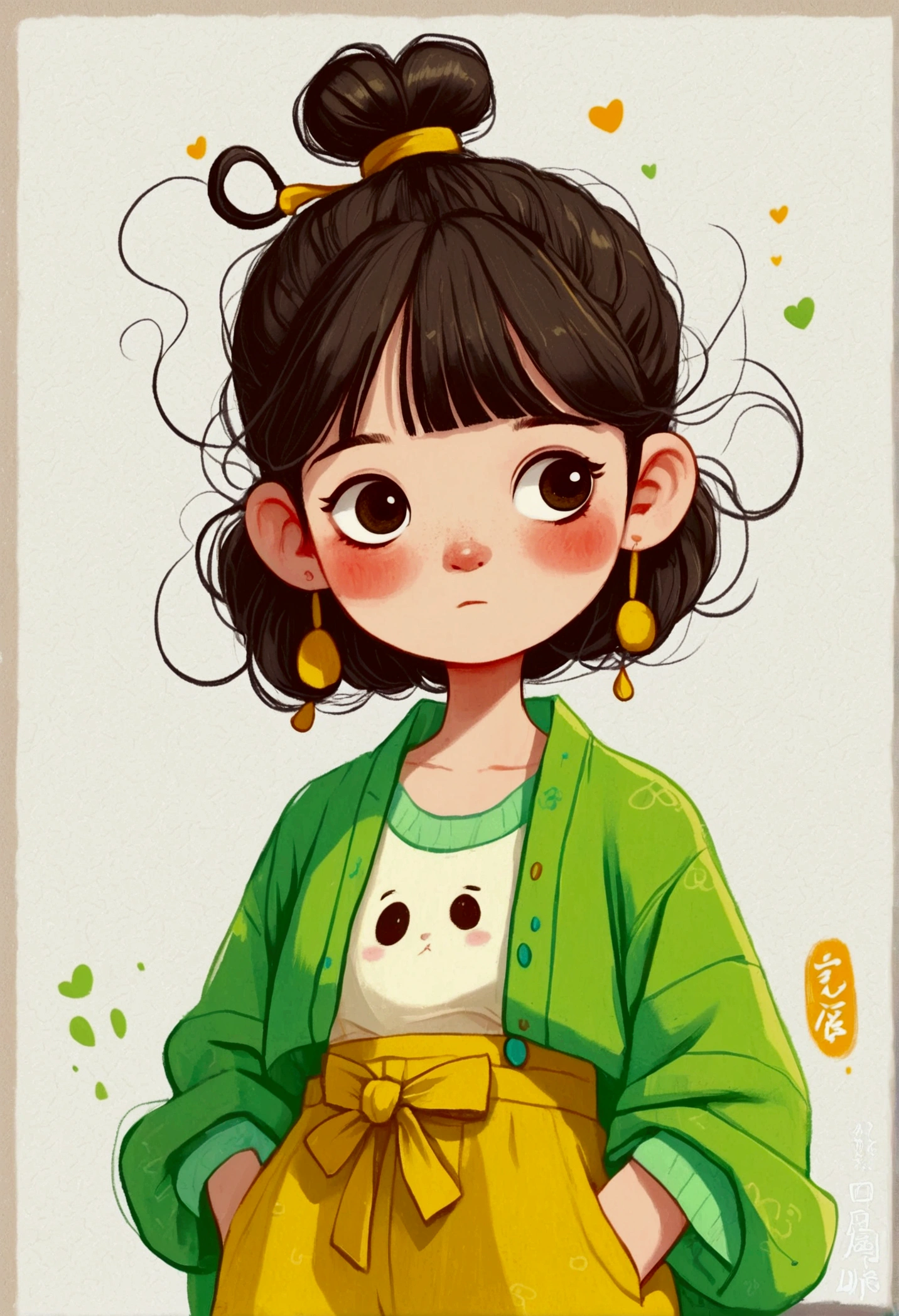 flat wind，vector，Childish art cartoon，Oil pastel graffiti，A cute Chinese chibi girl in green with yellow pants, in the style of cartoon, white background,cute and dreamy, Kawaii illustration, in the style of Korean hairstyle with a hair bun on her head, happy expression, standing pose, smiling while making the peace sign with her right hand,full body portrait,simple lines, colorful animation stills, romantic charm