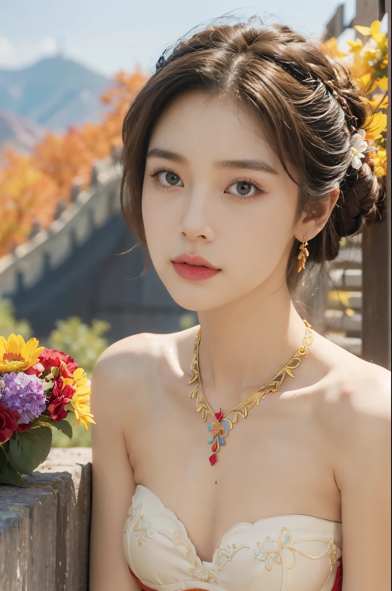 (((best quality))), (((ultra detailed))), (((masterpiece))), illustration,((1 beautiful girl,solo)),(on the Great Wall:1.3),(neat bun:1.2),((earrings,necklace)),((slim,thin)),((small breasts,flat chest)),((October, sunny, autumn,bright sunshine)), magnificent mountains,(strapless gorgeous Exquisite embroideried red bra:1.5),gracefully,(detailed bright eyes:1.3),(fair skin:1.3), radiant,sparkling, vibrant colors,(colorful flowers:1.3), elegance, strength, perseverance, majestic, awe-inspiring, fluffy white clouds,((from front,close-up of face))