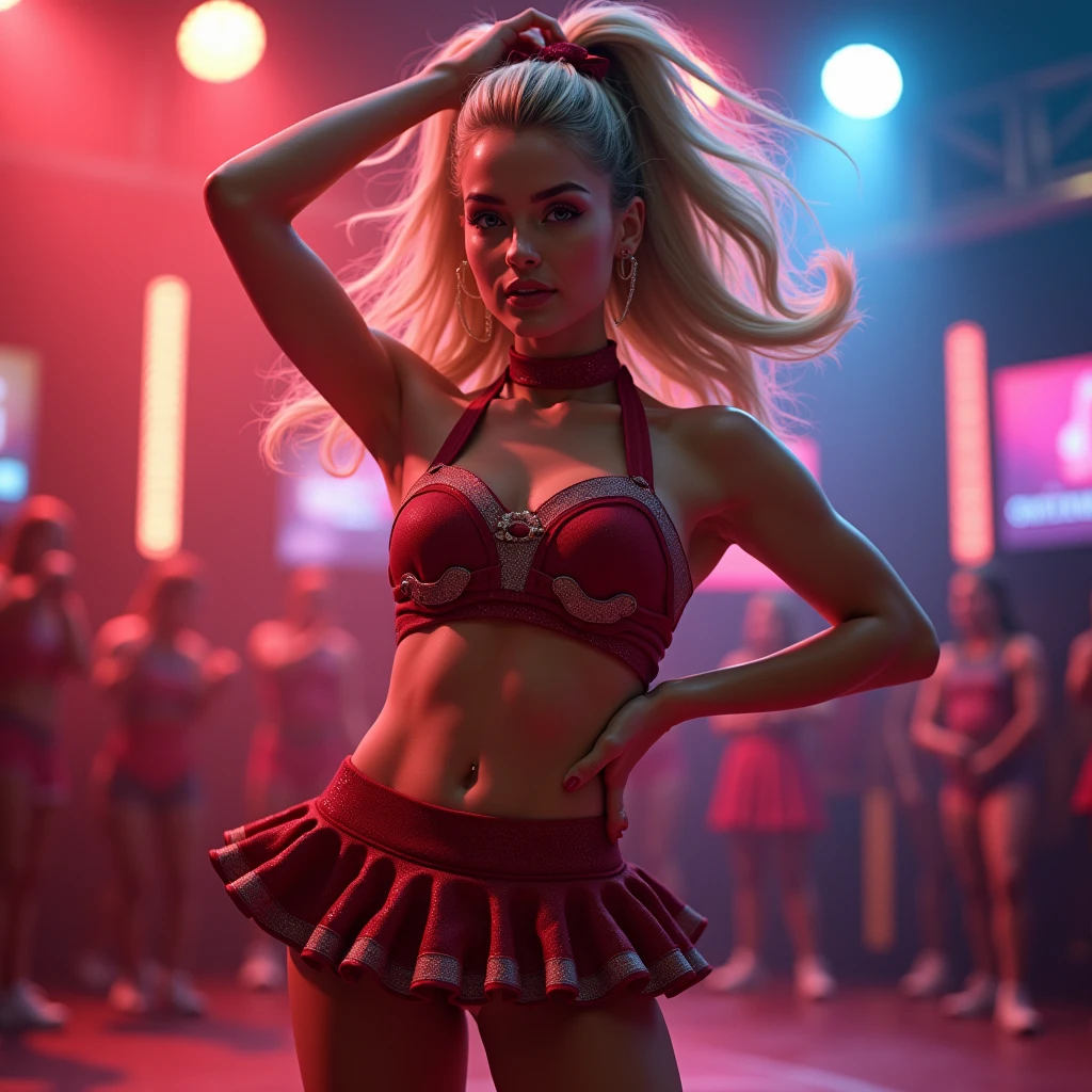 a beautiful blonde girl with pigtails, wearing a sexy cheerleader outfit, performing a cheerleading routine, (large breasts:1.2), hourglass figure, sexy, high quality, 8k, photorealistic, professional, vibrant colors, dramatic lighting, dynamic pose, detailed facial features, detailed clothing folds, depth of field, realistic skin texture