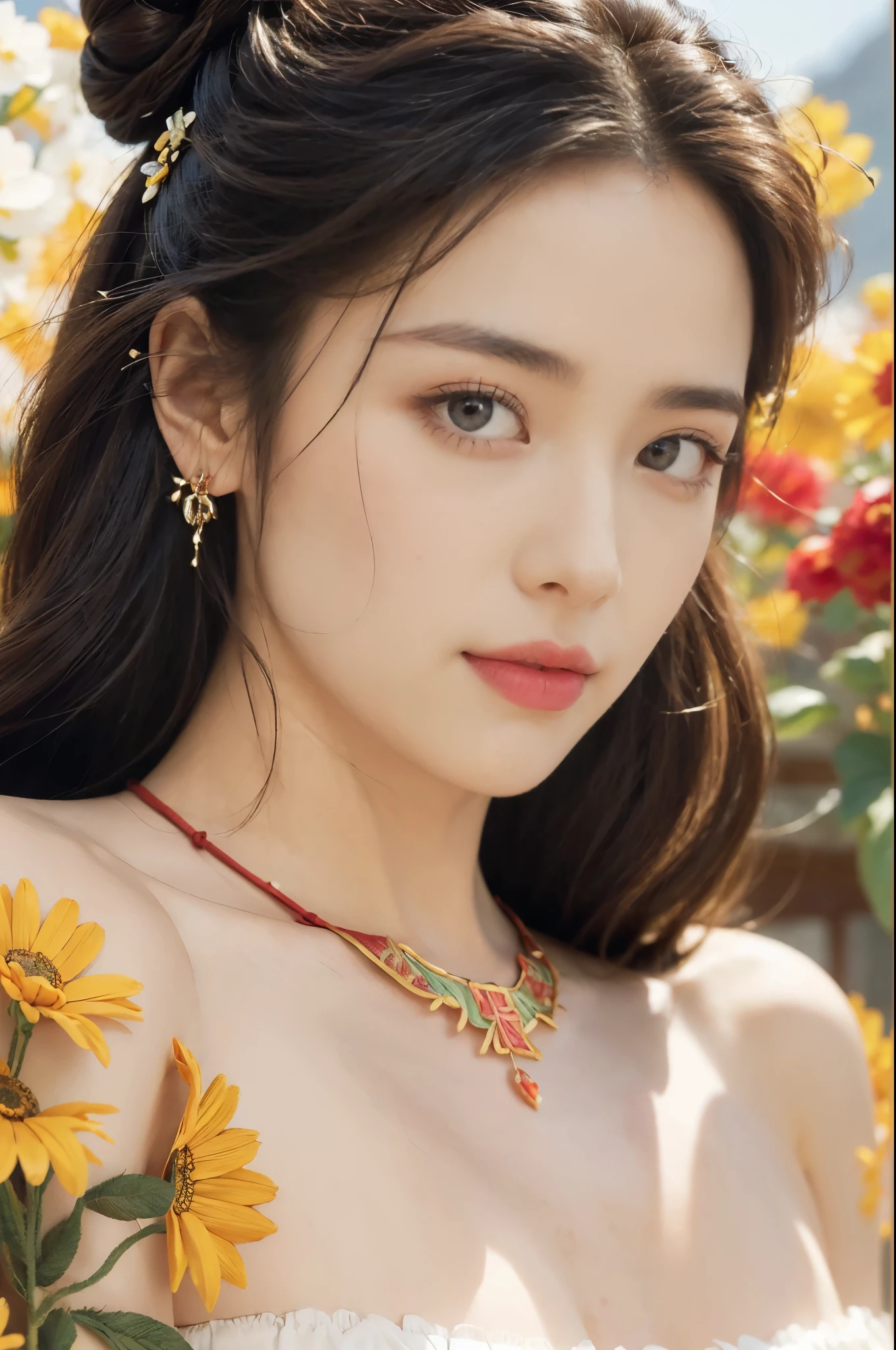 (((best quality))), (((ultra detailed))), (((masterpiece))), illustration,((1 beautiful girl,solo)),(on the Great Wall:1.3),(neat bun:1.2),((earrings,necklace)),((slim,thin)),((small breasts,flat chest)),((October, sunny, autumn,bright sunshine)), magnificent mountains,(strapless gorgeous Exquisite embroideried red bra:1.5),gracefully,(detailed bright eyes:1.3),(fair skin:1.3), radiant,sparkling, vibrant colors,(colorful flowers:1.3), elegance, strength, perseverance, majestic, awe-inspiring, fluffy white clouds,((from front,close-up of face))