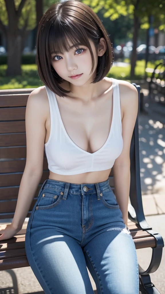 Japanese girl、17years old、1 person、（（（（Bob cut hair:1.3））））、（Small breasts）、Full body shot、Wear a loose crop top, jeans, Relaxed pose, 、sitting on a park bench