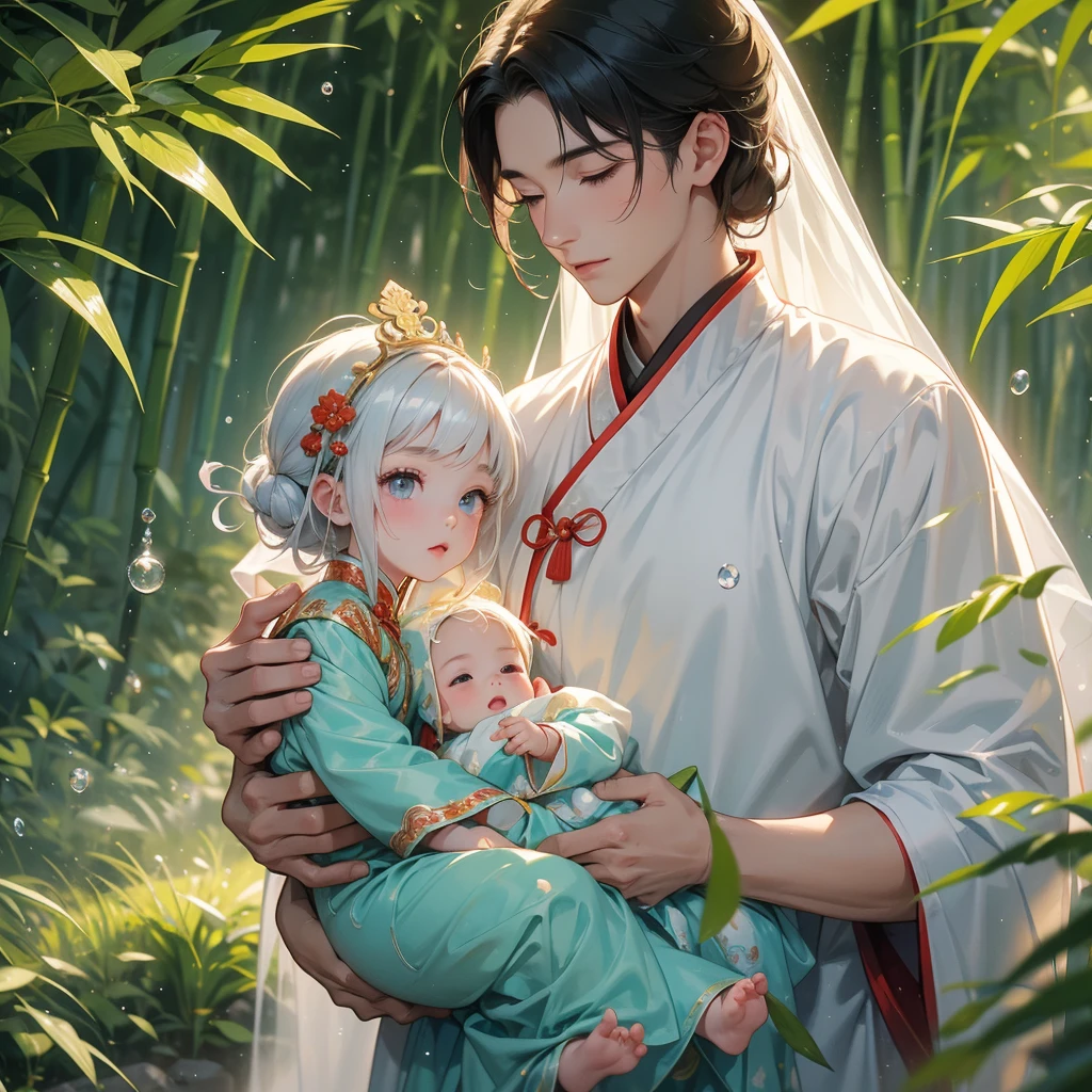 A one-year-old baby boy in an white ancient Chinese baby costume with his beautiful mother, dressed in an ancient Chinese costume, playing with each other, with his handsome father standing next to his mother, close up.
Behind is a lush green bamboo forest. The air after rain has water droplets splashing around.