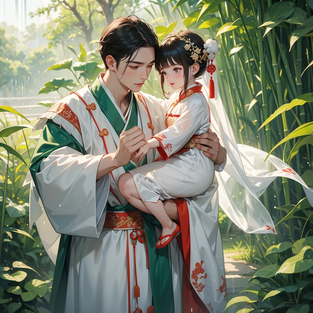A one-year-old baby boy in an white ancient Chinese baby costume with his beautiful mother, dressed in an ancient Chinese costume, playing with each other, with his handsome father standing next to his mother, close up.
Behind is a lush green bamboo forest. The air after rain has water droplets splashing around.