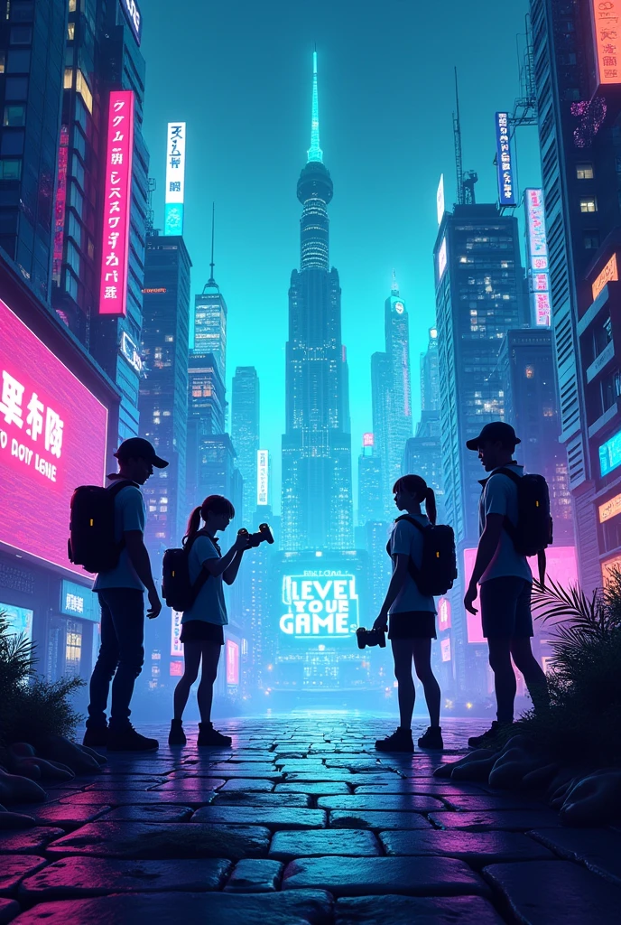 "Create a dynamic and vibrant gaming-themed cover image. The design should feature a blend of popular gaming elements such as a futuristic cityscape, neon lights, and digital effects. Include iconic gaming motifs like controllers, pixelated graphics, and character silhouettes in action poses. The color scheme should be bold and energetic, with shades of blue, purple, and green to give a lively and immersive feel. The image should also leave space for text at the center that reads 'Level Up Your Game.'" 16.2 ratio size