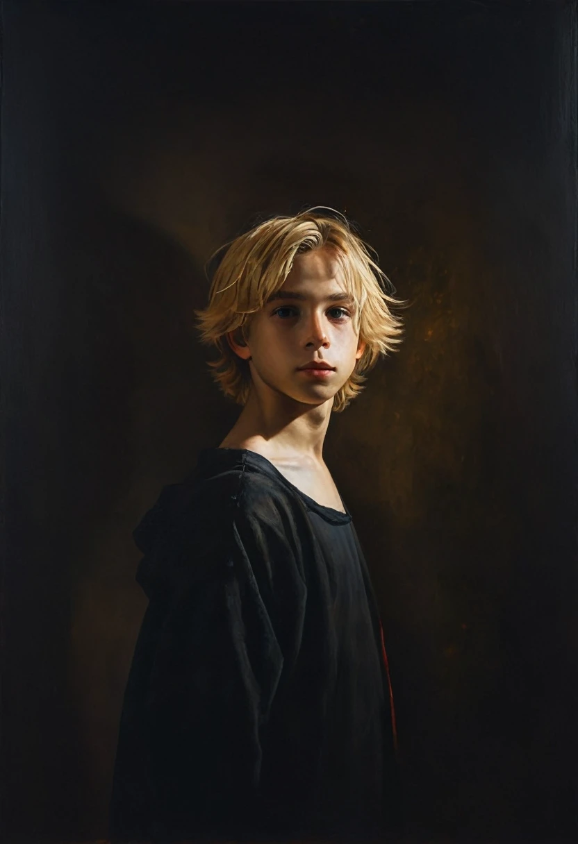 painting of a waist-length portrait of a boy with blond hair, dark atmosphere, cinematic scene, volumetric lights, ultra realistic, in the style of nicola samori