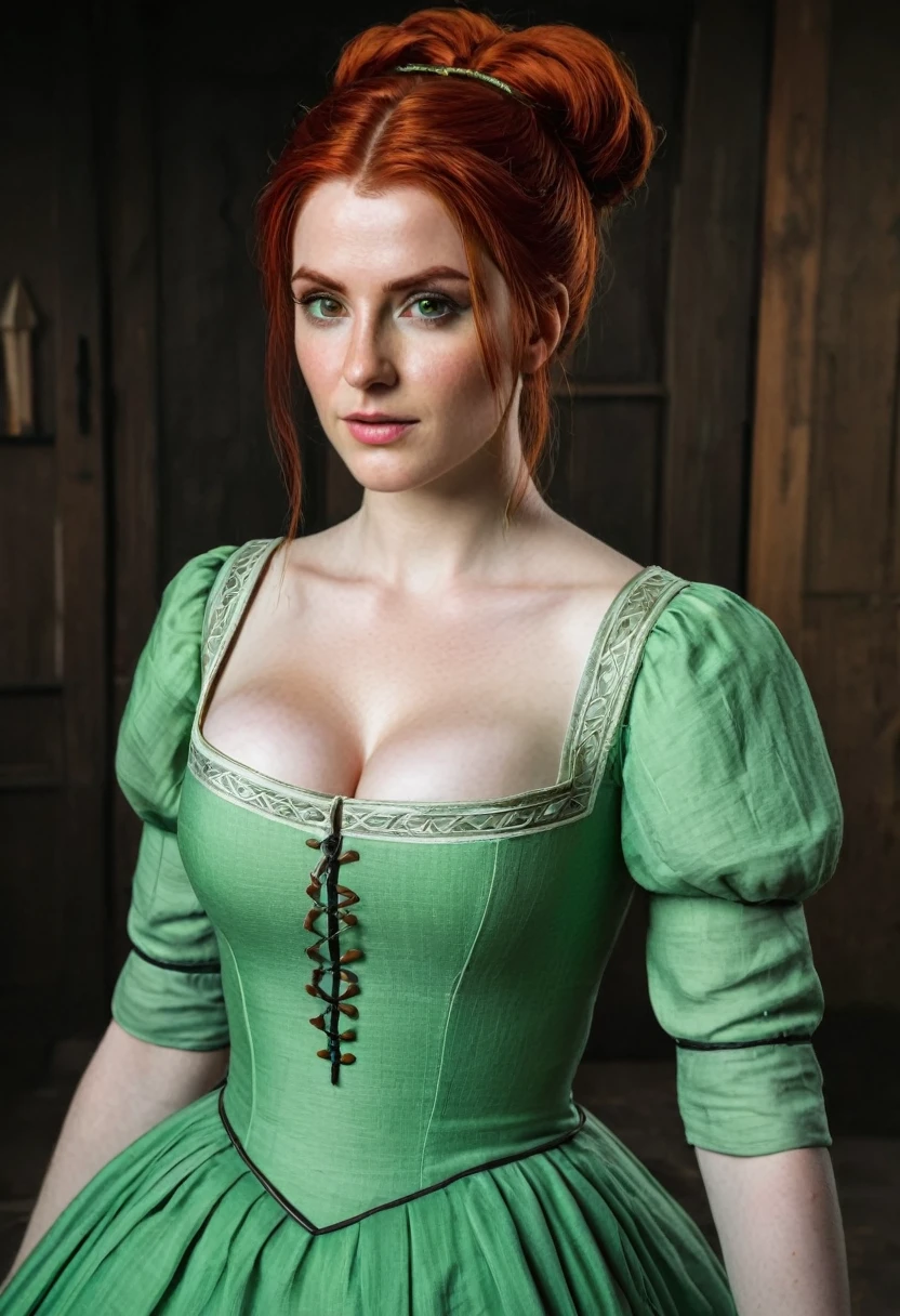 Triss (Witcher), redhead, bun hairstyle, green eyes, eyeliner, thick eyeliner, thick body, thick, pale skin, green dress, solo, realistic, looking at viewer, portrait