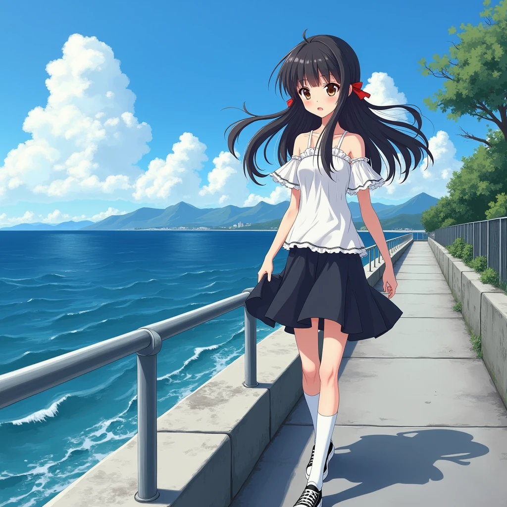 Anime Style,
Ocean沿いを歩く一人の少女.
She is wearing a cute white decorated blouse with short sleeves and no buttons., mid black flare skirt, no school uniform, no pleated skirt,
Wearing white knee-high socks, Wearing sneakers.
Her hair style is low twin tails with red ribbons, very long and black,
hair is not high twin tails, hair is not half up.
Late teens, Small breasts, Has dark brown eyes.
Concrete revetment, Ocean, Ocean岸線, Mountain, Streetscape,
Daytime, from front.