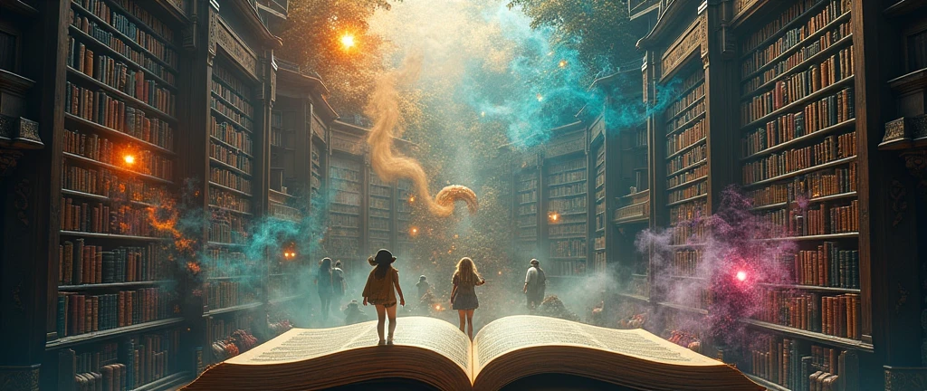 a library in the shape of a giant book floating in the air, and visitors are sucked into the book and experience the world of various stories, Colorful text and illustrations float in the air around it, as if the contents of the book are alive, dramatic lighting, muted color palette, cinematic composition, masterpiece, 8k, photorealistic, hyper detailed, volumetric lighting, atmospheric depth, dramatic shadows, surreal elements, fantastical creatures, otherworldly architecture, mystical energy, dreamlike ambiance, intricate details, vibrant colors, seamless blend of realism and fantasy, awe-inspiring scale, cinematic framing, photorealistic rendering, mesmerizing aesthetics, masterful execution