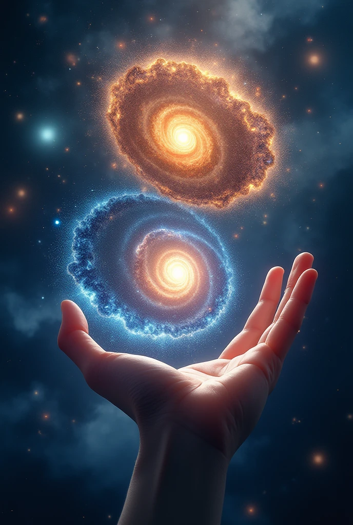 2 Galaxies rotating to each other like yin and yang with a hand holding the galaxies 