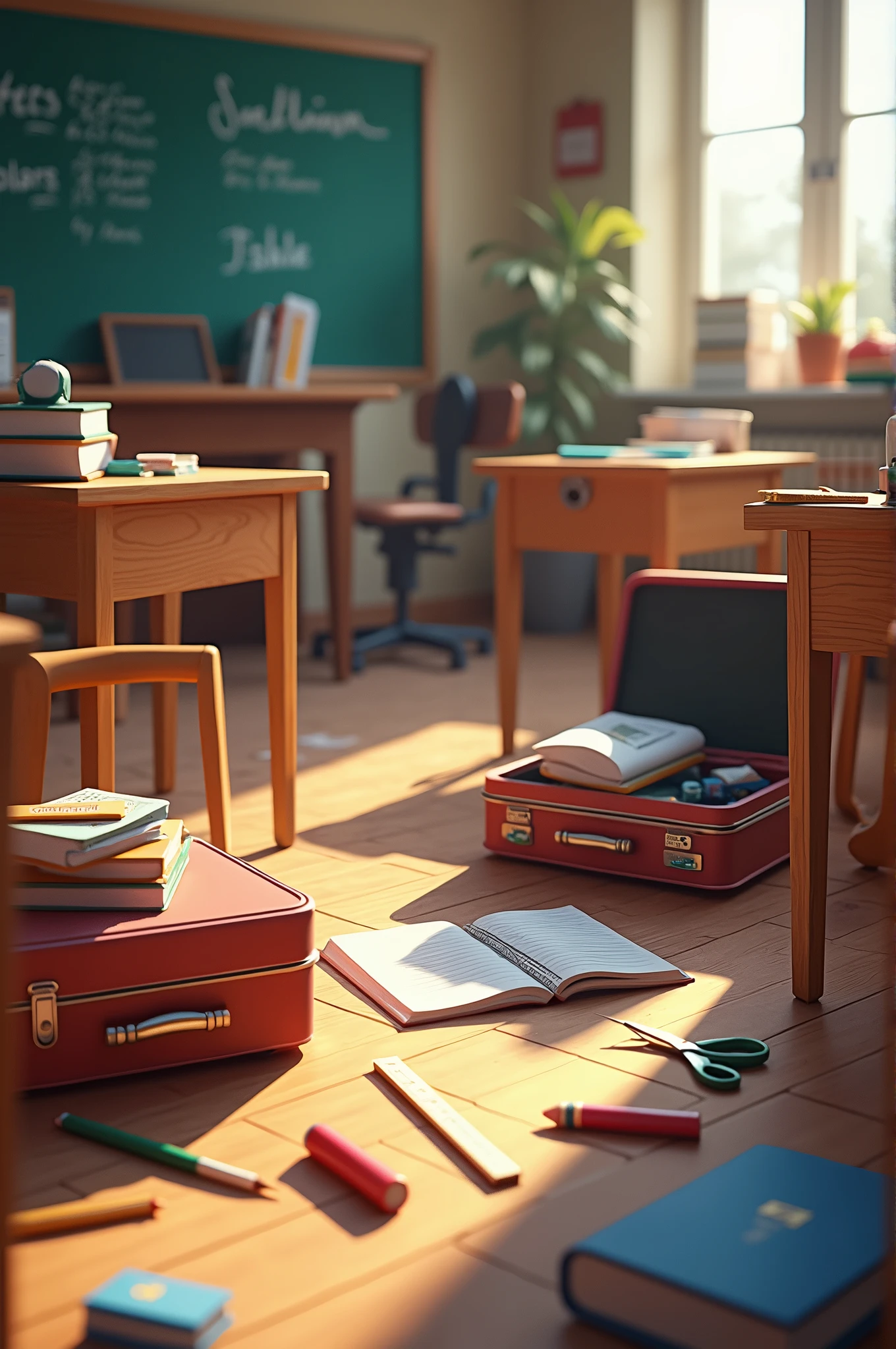 A classroom with school supplies such as ( 2 suitcase, book , pencil, blotter , Ruler, highlighter and scissors ) . And this is found in classroom 1.- The pencil is under the table.
2.- El book está en la silla.
3.- The scissors are in the magic box.
4.- La Ruler está en la mesa del profesor.
5.- The highlighter is under the chair.