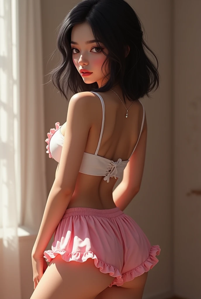 (photorealism:1.2) A cute Girl, 5'3, wearing a pink frilly short coquette shorts with a white camisole, medium black hair, big ass, looking behind, Indian pale skin girl, black eyes, perky nipples.