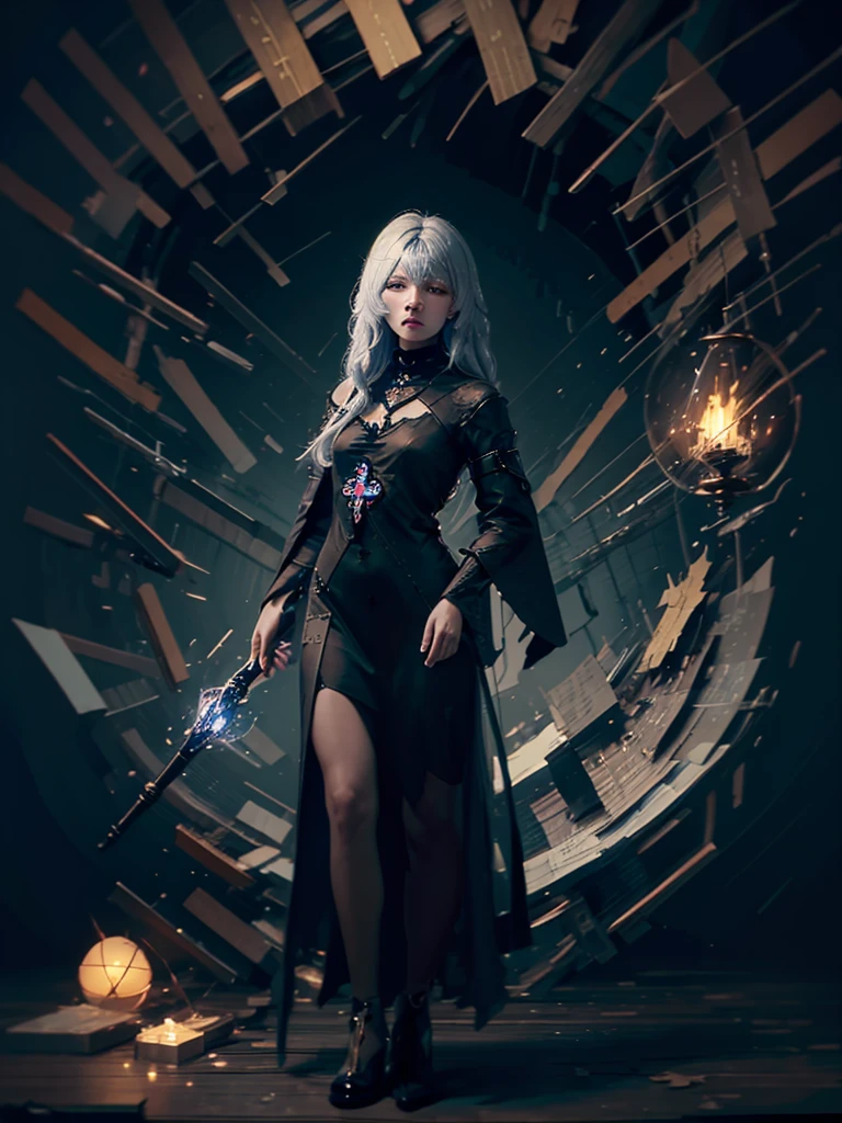 Runic Background、Wearing a black robe、Mage's Clothing、golden hair color、look at the viewer、masterpiece、cute woman、Wearing elegant school clothes