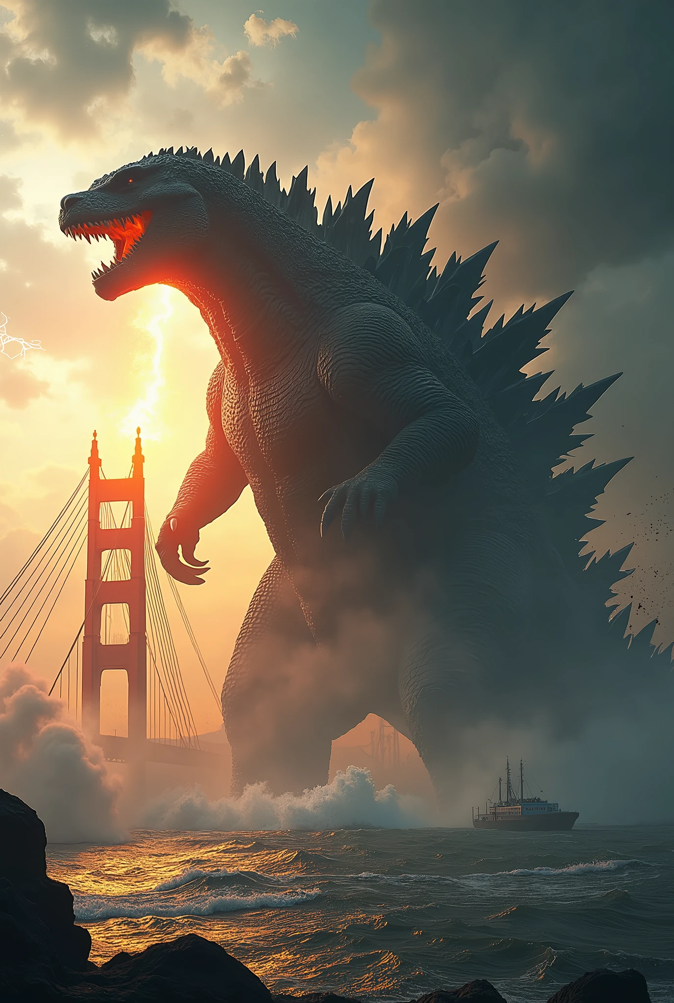 Godzilla attack the fire ball from mouth iconic oresund bridge. Storm. Tornado