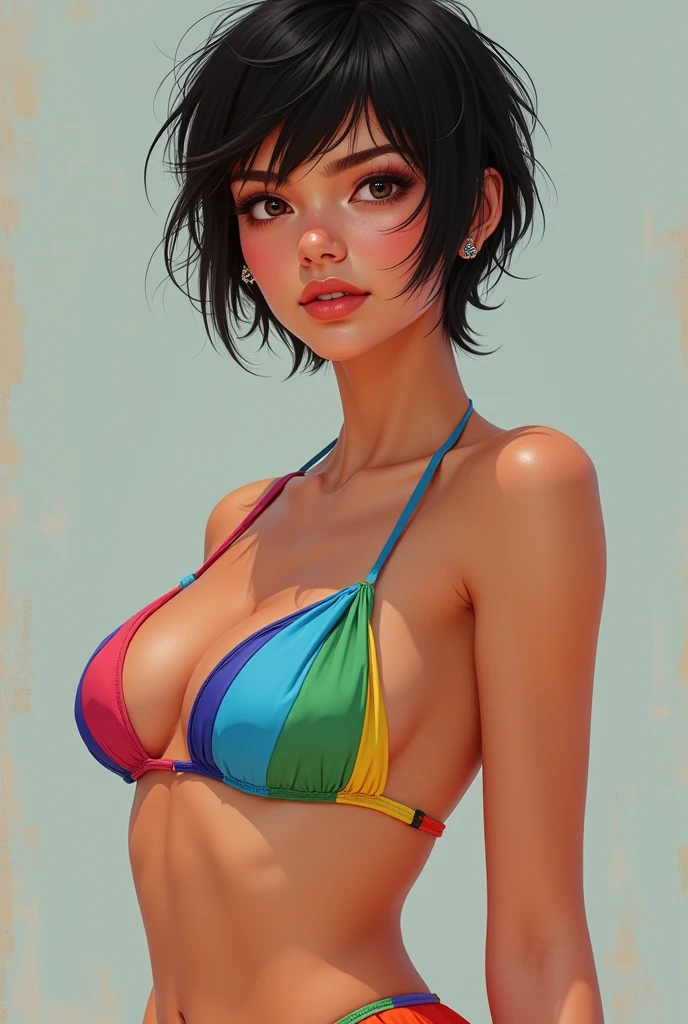 one asian girl, ada wong, solo, abs, slender body, (upper body, bust:1.2), black eyes, black hair, (blue clothes, tiny breasts, small breasts, male chest, cleavage, exposed breasts, deep cleavage:1.5), bare shoulders, masterpiece, highly detailed, look at viewer, shiny blured orange background, gradient sprayed background, front view, gradient red purple background, blured background, glowing edges of image