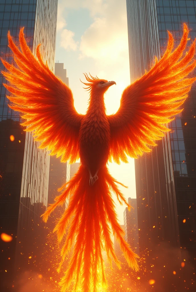 An ancient phoenix in HD Quality and ultra-realistic detail, rising anew against a modern city skyline. Its fiery wings create a striking contrast with the glass windows of skyscrapers."