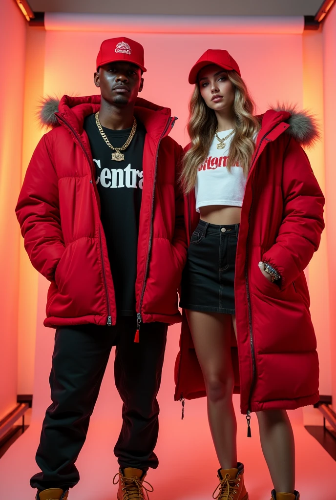 Create a vibrant video featuring a 20-year-old boy with a rapper style and a 20-year-old girl with a feminine flair, both with stylish long hair. The boy wears a red cap with the word 'CENTRAL' in large, bold, and bright letters on the front, styled slightly tilted to the side, and pairs it with oversized red parka, a white t-shirt with the word 'BILLIONAIRE' in bold black letters, black baggy pants, and Timberland boots. He exudes a cool, confident attitude, with accessories like a gold chain and a wristwatch adding to his rapper persona. The girl, with soft wavy hair, wears a matching red cap with the same 'CENTRAL' branding, dressed in a fitted red parka with a cinched waist, a white t-shirt also saying 'BILLIONAIRE', a black mini skirt, and Timberland boots with a slight heel. She moves with grace and confidence, complementing the boy's edgy vibe. The background should resemble a magazine cover, with the duo posed confidently as the feature models. The scene should include elements like headlines or graphic design that enhance the magazine cover look. The video should emphasize the 'CENTRAL' branding on the caps and the 'BILLIONAIRE' text on the t-shirts, using dynamic camera angles and lighting to make these words stand out against the stylish, editorial backdrop