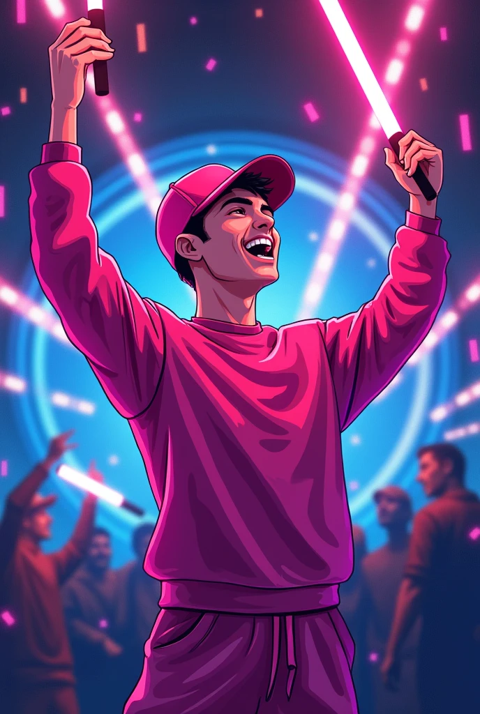 Drawing of a 20 year old boy, with pink cap, pink sweatshirt, with LED light sticks in both hands, celebrating, with side position, with a disco background