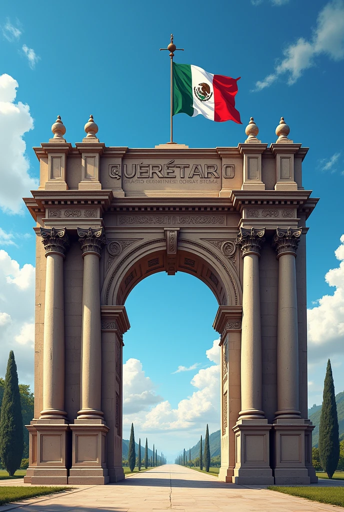 Make a picture of the arches of Querétaro and in the sky it says Querétaro with a Mexican flag,