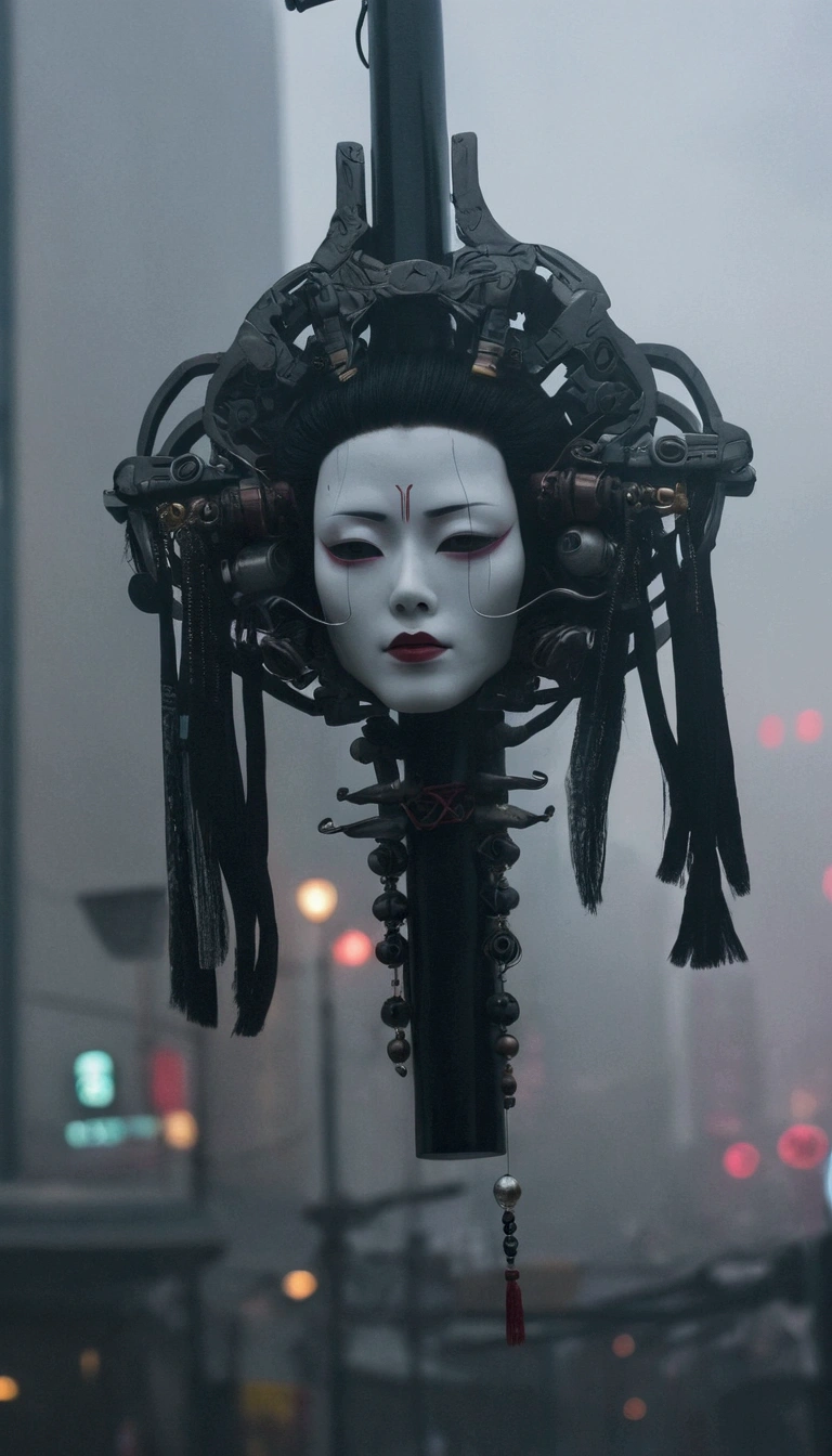 Close-up of a mask hanging on a pillar in the city, Ghost in the Shell Geisha Robot, Cyberpunk Geisha, Japanese Robot Geisha, Ghost in the Shell style, Bone Girl Skeleton Geisha, Very beautiful cyberpunk samurai, Inspired by Kano Naizen, Cyberpunk Samurai Portrait, Cyberpunk Robot Elf Queen, Porcelain Cyborg、face、fog、Drift、cloud、Flowing、dim、Highest quality、8k