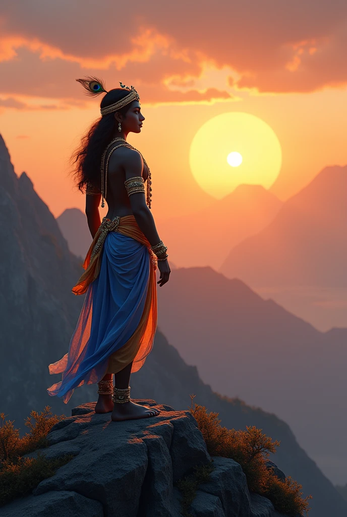 Krishna is on the mountain at sunset