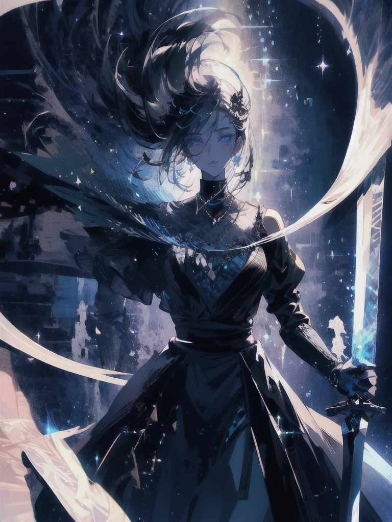 Holding a one-handed sword、Please take the black sword.、((masterpiece, highest quality, Super detailed, High resolution)), alone, beautiful girl, shining eyes, perfect eyes, , black white gold theme,