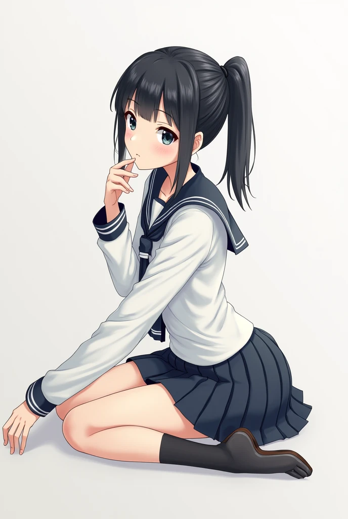 Wearing a Japanese school uniform, squatting sideways, one hand stretched forward, the other hand supporting the chin.