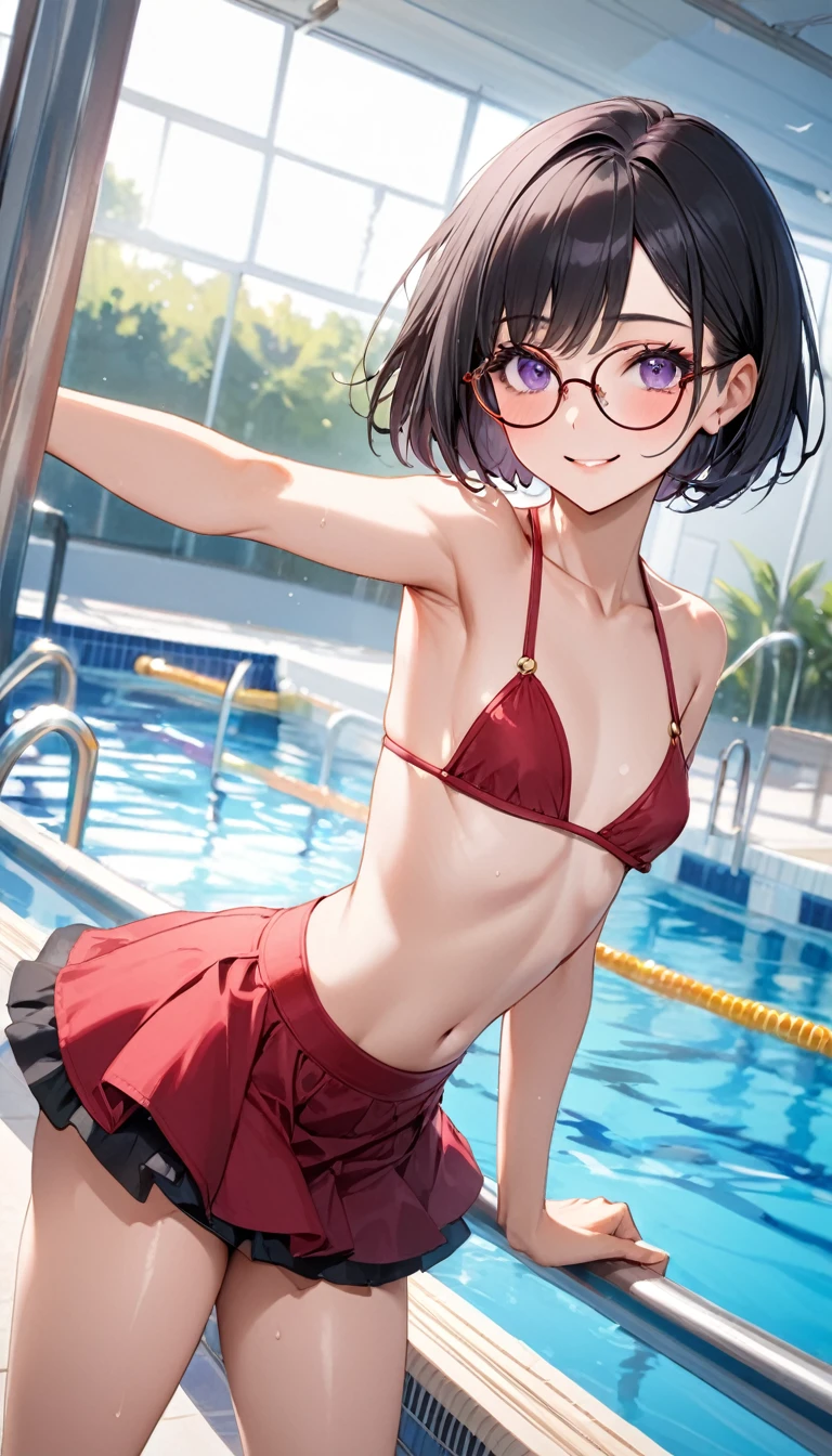 Highest quality、Best image quality、masterpiece、独奏, a girl、Beautiful Eyes、black hair, purple eyes、Short bob cut、(sideburns), middle part, (flat chest)、slender、Tight waist、Round Glasses、Beautiful Face、Natural smile、red cheek、skirted bikini, At the school pool、sexy pose, bewitching pose, Model Pose, dynamic angle