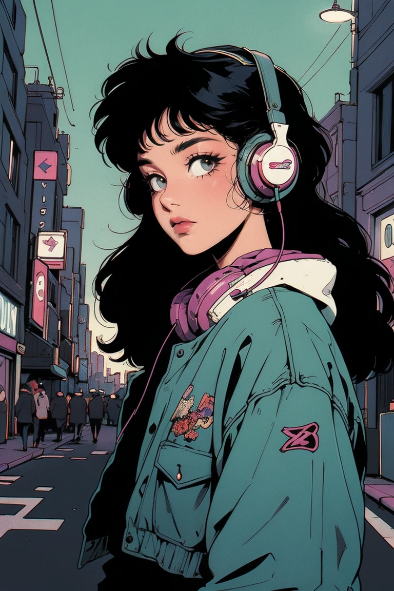 (80's, Retro), (Album cover), (masterpiece, Highest quality, Intricate details), , girl, alone, Cityscape, City of night, Tokyo, High Fashion, Headphones