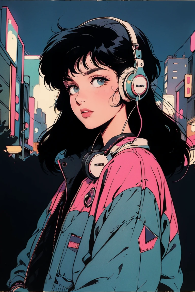 (80's, Retro), (Album cover), (masterpiece, Highest quality, Intricate details), , girl, alone, Cityscape, City of night, Tokyo, High Fashion, Headphones
