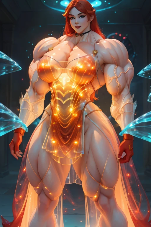 ((Close-up)), tall, (red hair) beautiful muscular asian woman, long hair, pale white skinned, large breast, closed smile, (black lipstick), (massive muscles), (hyper muscle), (((ginormous bulky muscles))), yellow eyes, (((red Bioluminescent dress))), (Bioluminescent gloves), Bioluminescent choker, high heels, in a mystical world
