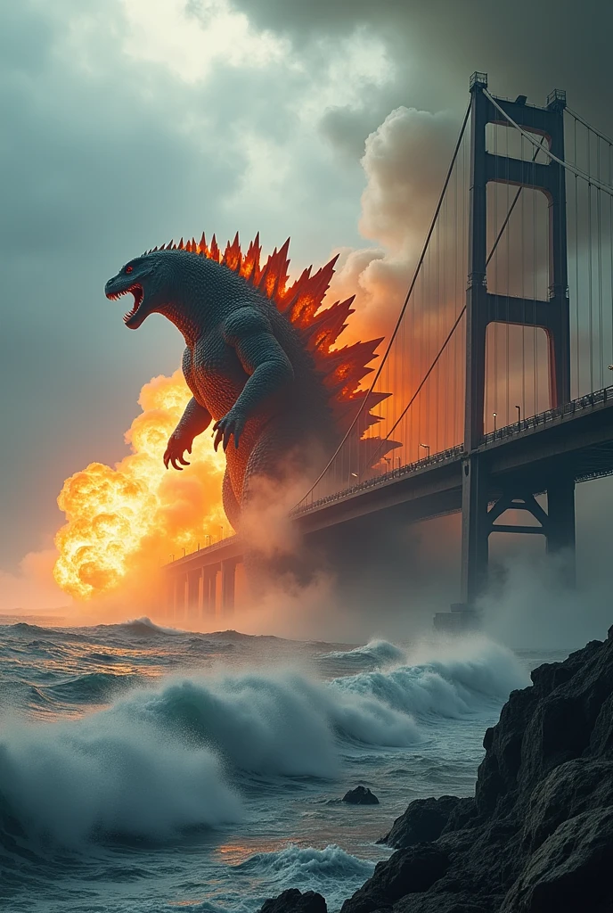 Godzilla attack the fire ball from mouth iconic oresund bridge. Storm high tsunami. Wind blow effect 