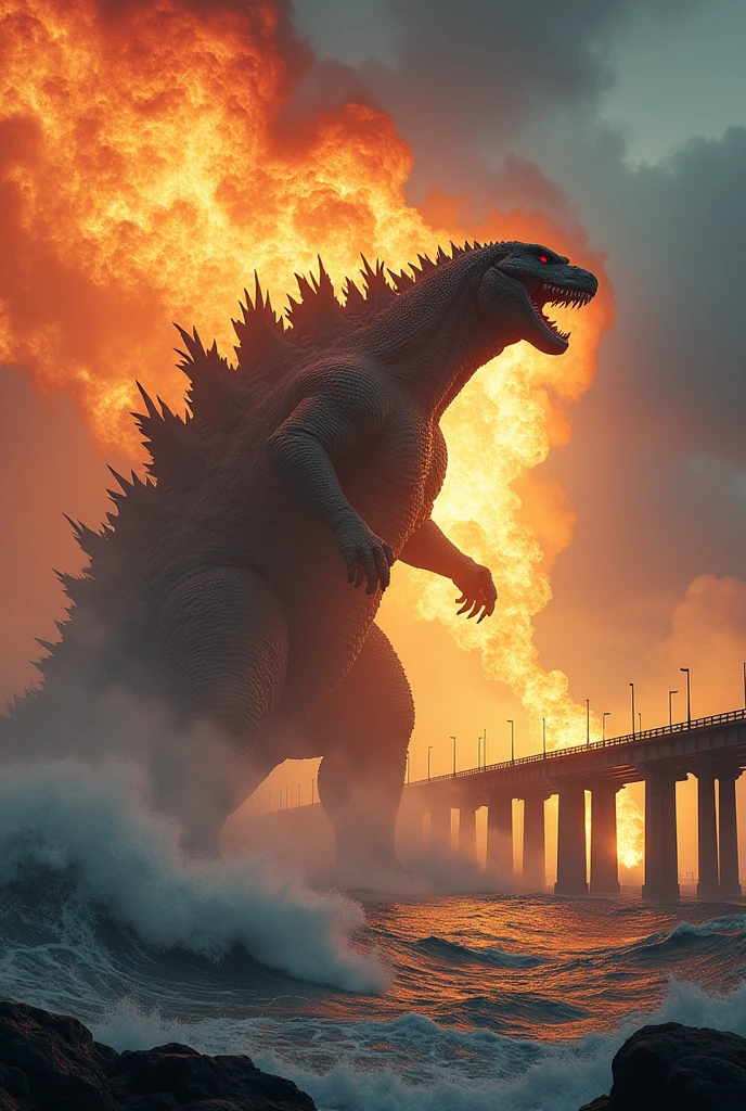 Godzilla attack the fire ball from mouth iconic oresund bridge. Storm high tsunami. Wind blow effect